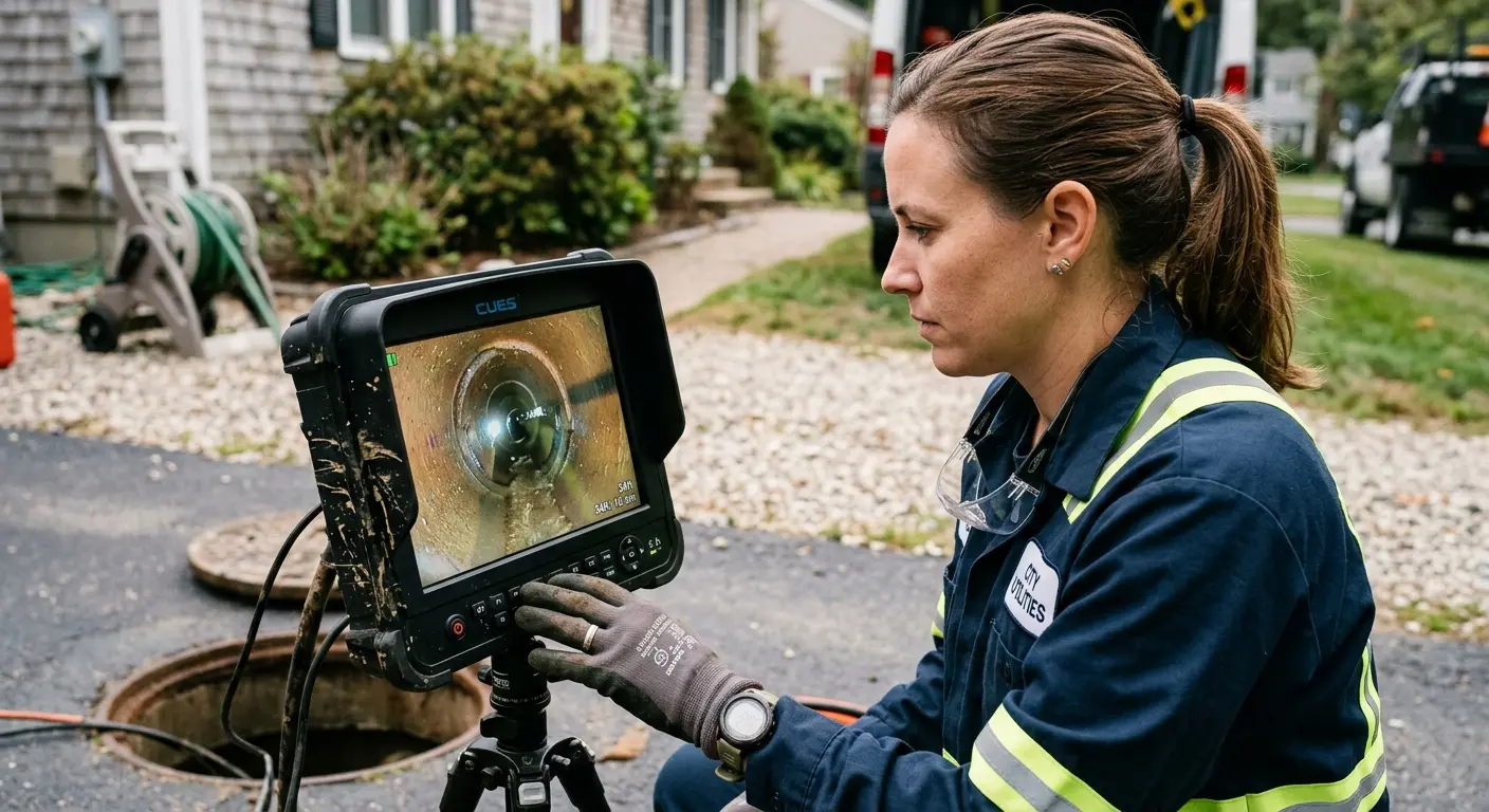 Technician reviewing sewer camera inspection footage in Naples