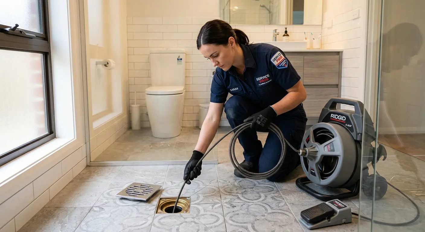 Technician clearing a bathroom floor drain for Drain Cleaning in Naples